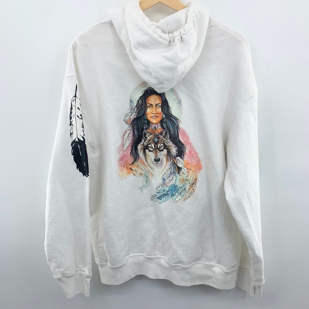Vtg‎ Fruit of the Loom Hoodie Women L White Good Native American Wolf Feather